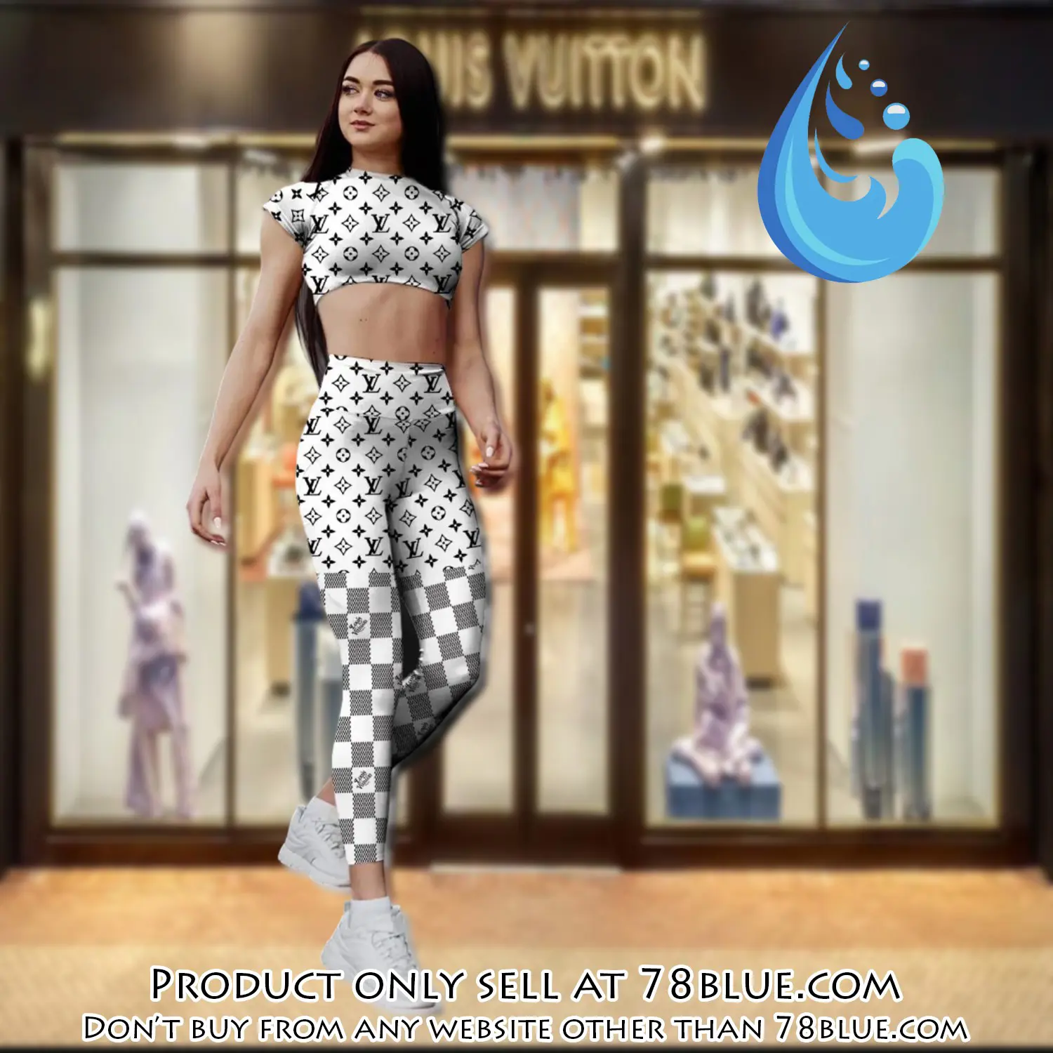 White checkerboard louis vuitton sportwear combo luxury brand crop top tshirt and legging for women ctl1013 78b1443548